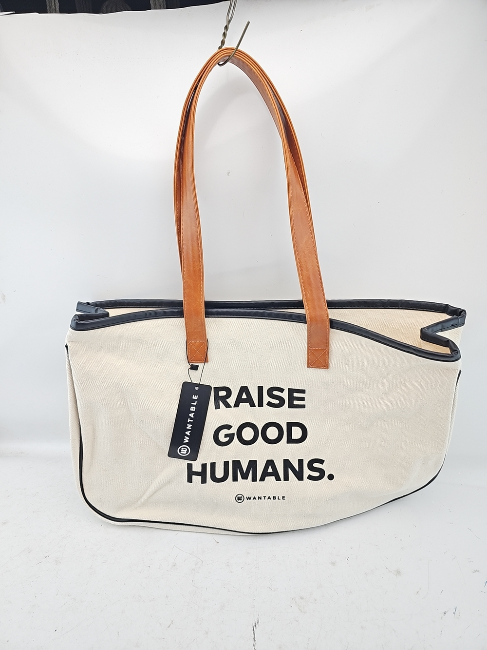 Wantable Cream Canvas Tote with Tan Handles and Black Trim